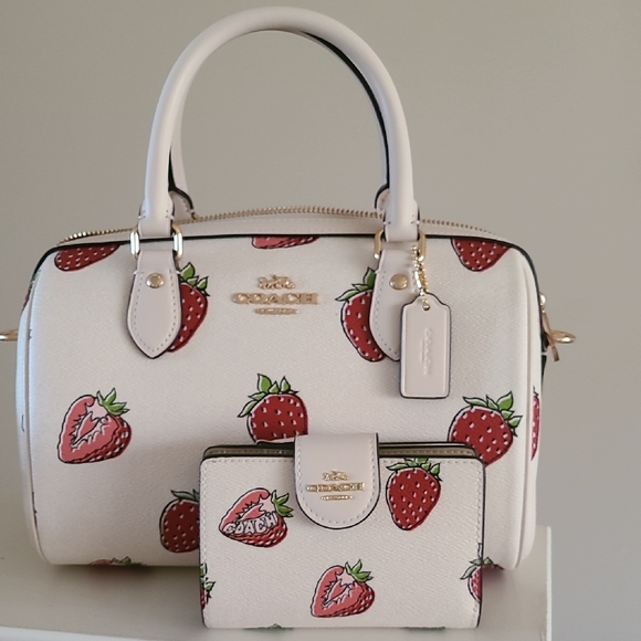 Coach Cream and Red Strawberry Print Satchel Set - Picture 1 of 5